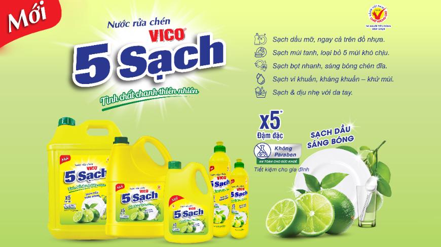 Nước rửa chén VICO 5 SẠCH – Thành Phần Thiên Nhiên – Hiệu Quả Tối Ưu